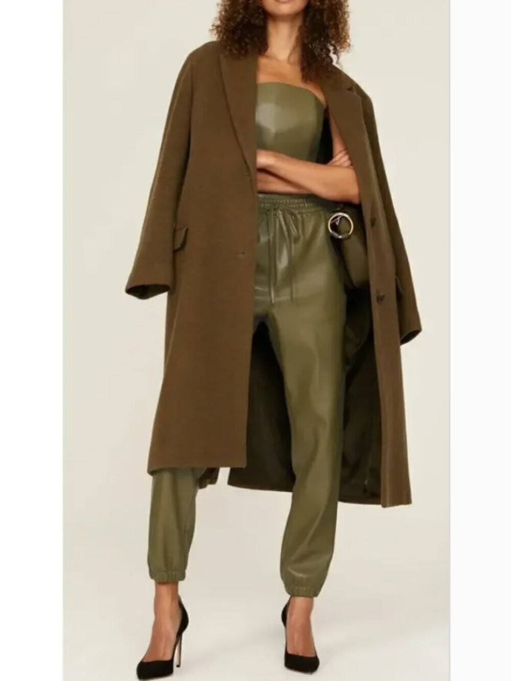 Natori Faux Leather Joggers Pants Pull On Elastic Drawstring Waist Olive XS